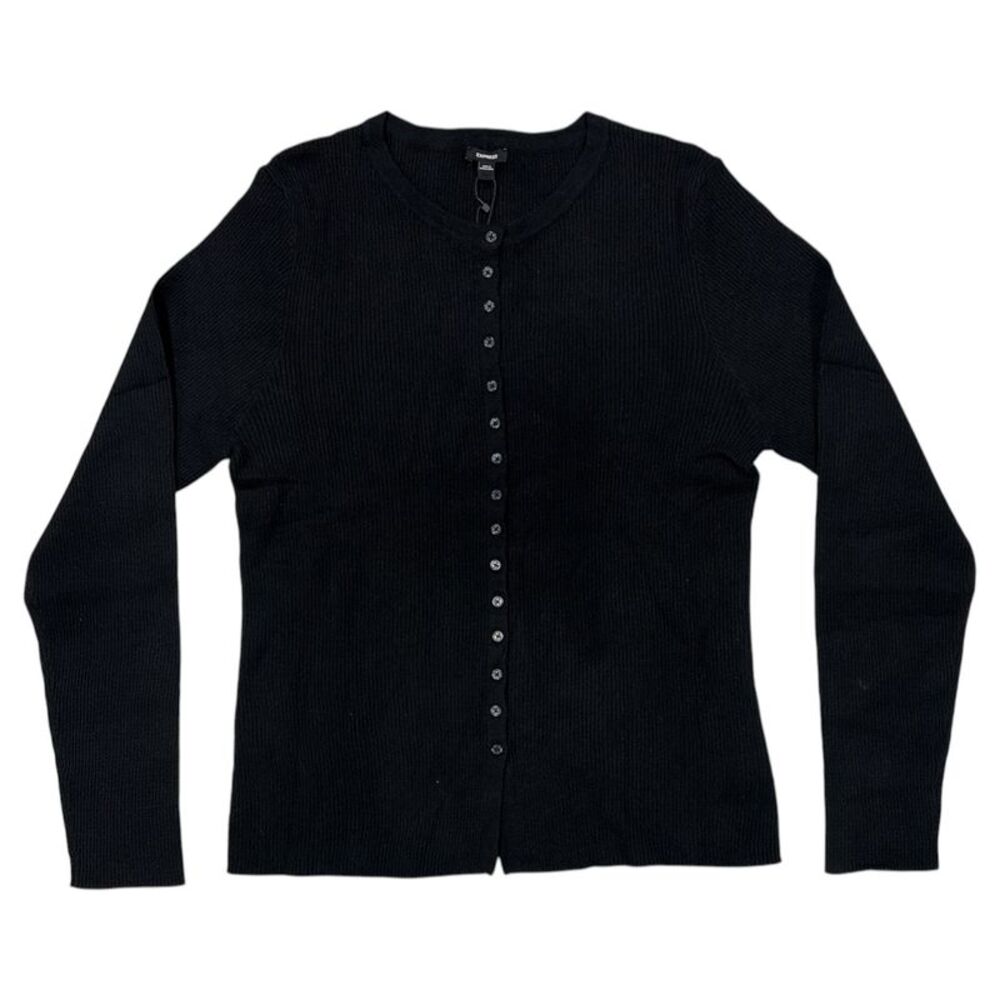 Express Women's Lightweight Slim Fit Ribbed Button-Up Sweater - Black